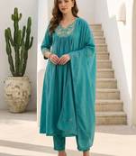Women Ethnic Motifs Embroidered Empire Thread Work  Cotton Kurta with Trousers & With Dupatta