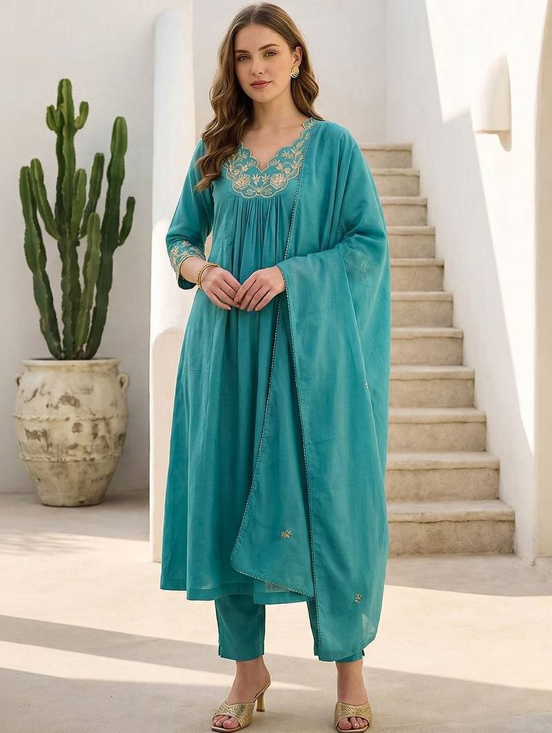 Women Ethnic Motifs Embroidered Empire Thread Work Pure Cotton Kurta with Trousers & With Dupatta