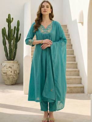 Women Ethnic Motifs Embroidered Empire Thread Work  Cotton Kurta with Trousers & With Dupatta 4