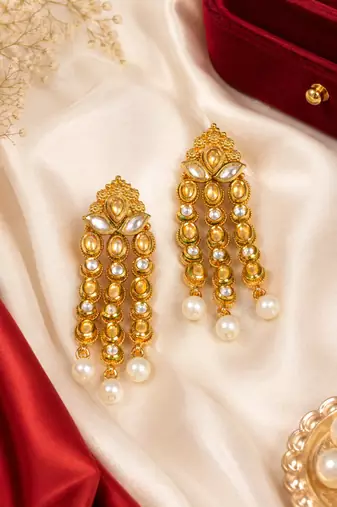 Temple Style Kundan Pearl Cascade Earrings