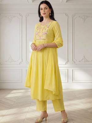 Women Floral Embroidered Panelled Thread Work Pure Cotton Kurta with Trousers & With Dupatta 1