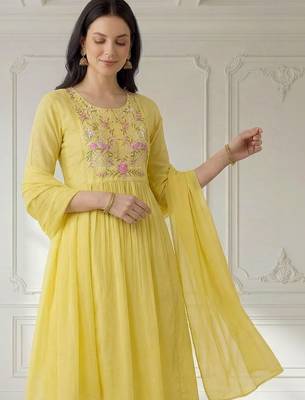 Women Floral Embroidered Panelled Thread Work Pure Cotton Kurta with Trousers & With Dupatta 2