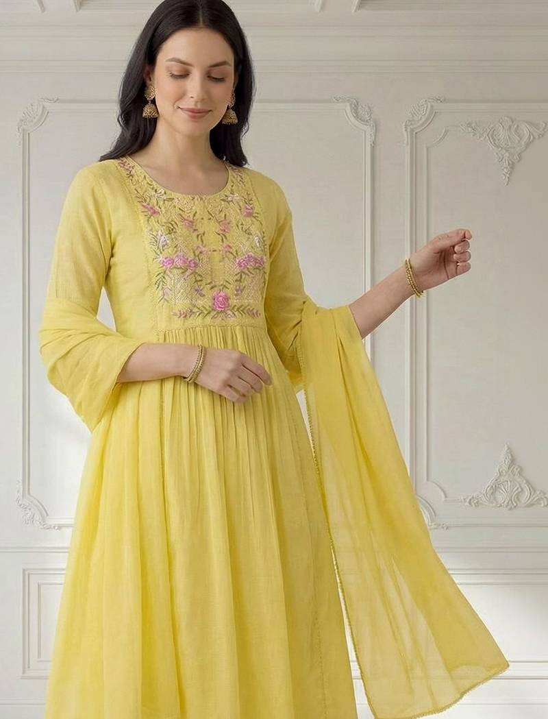Women Floral Embroidered Panelled Thread Work Pure Cotton Kurta with Trousers & With Dupatta