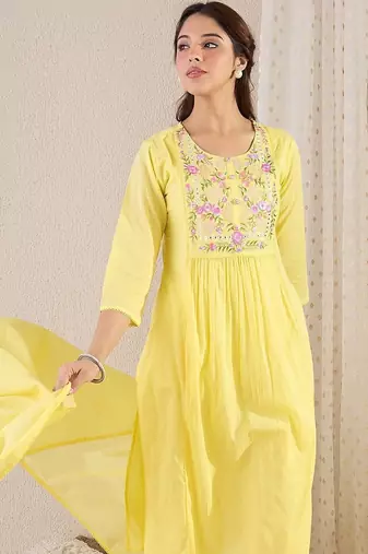 Women Floral Embroidered Panelled Thread Work Pure Cotton Kurta with Trousers & With Dupatta