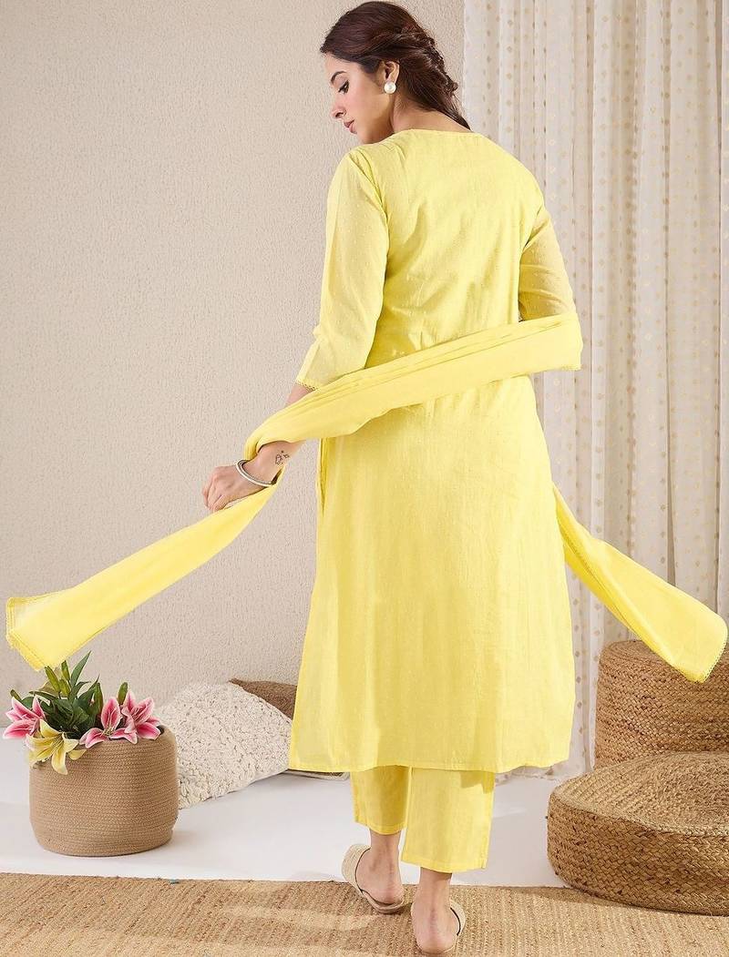 Women Floral Embroidered Panelled Thread Work Pure Cotton Kurta with Trousers & With Dupatta