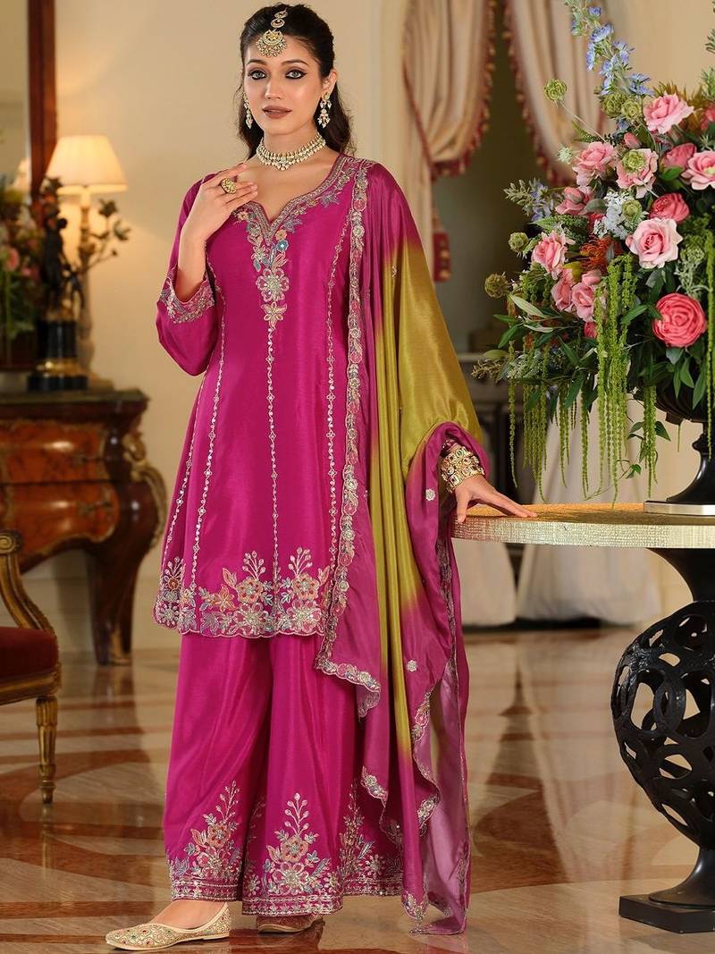 Women Ethnic Motifs Embroidered Regular Thread Work Kurta with Palazzos & With Dupatta