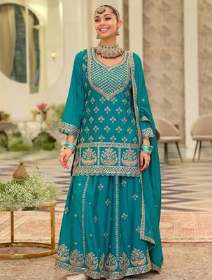 Women Ethnic Motifs Embroidered Zari Regular Kurta with Sharara & With Dupatta 1