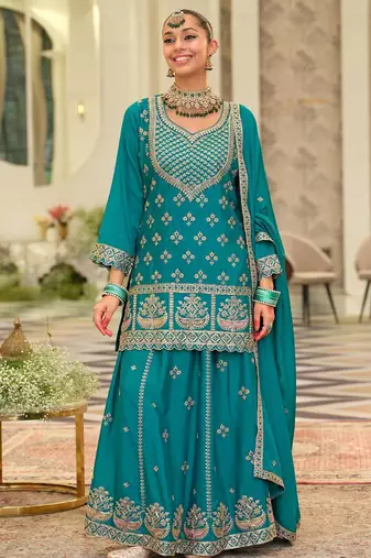 Women Ethnic Motifs Embroidered Zari Regular Kurta with Sharara & With Dupatta