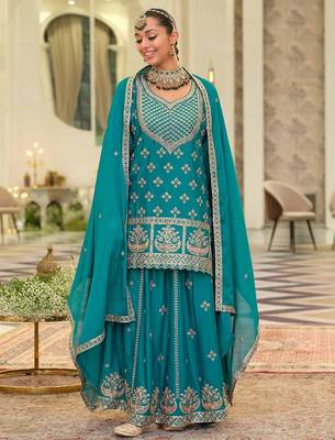 Women Ethnic Motifs Embroidered Zari Regular Kurta with Sharara & With Dupatta 3