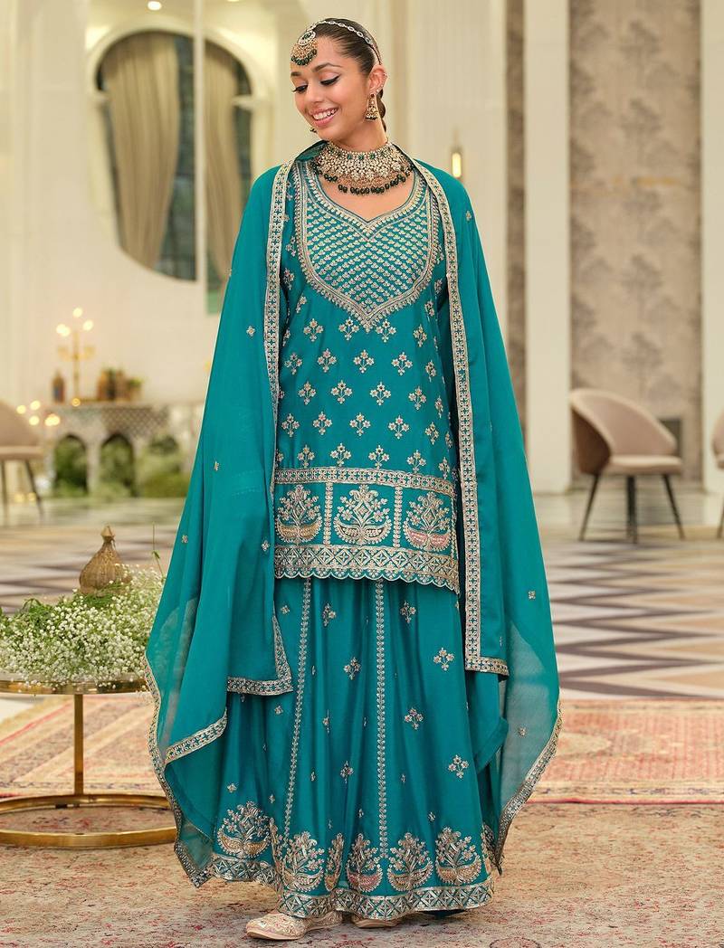 Women Ethnic Motifs Embroidered Zari Regular Kurta with Sharara & With Dupatta