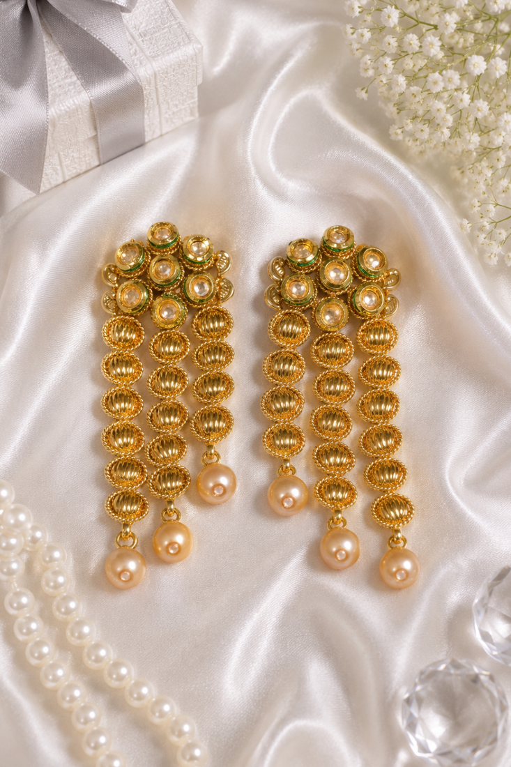 Gold plated textured coin kundan earrings