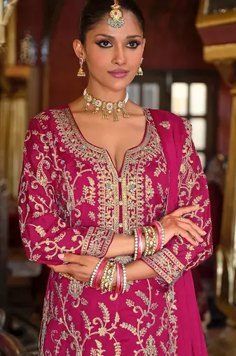Adults-Women Woven Design Embroidered Kurta with Palazzos & Dupatta