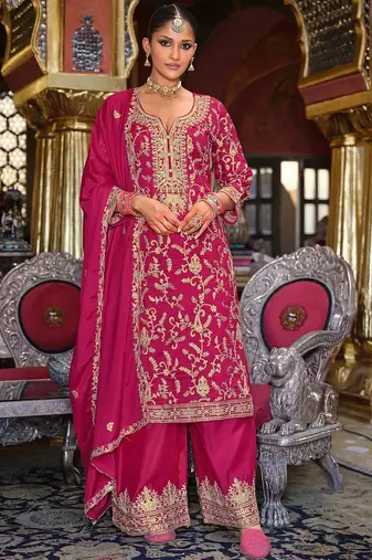Adults-Women Woven Design Embroidered Kurta with Palazzos & Dupatta