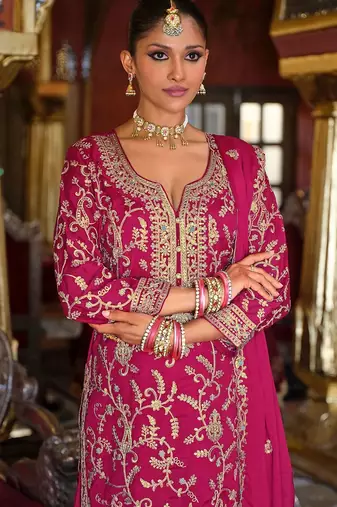 Adults-Women Woven Design Embroidered Kurta with Palazzos & Dupatta