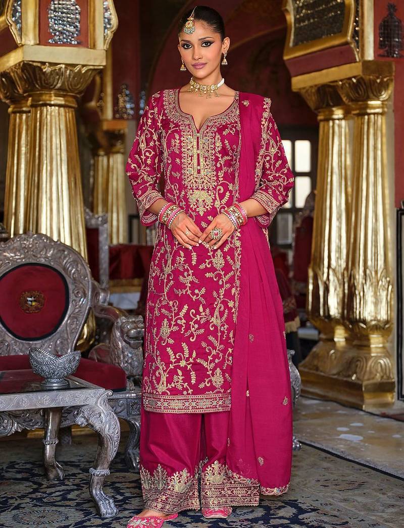 Adults-Women Woven Design Embroidered Kurta with Palazzos & Dupatta
