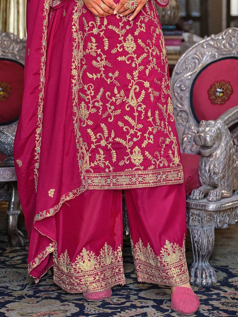Adults-Women Woven Design Embroidered Kurta with Palazzos & Dupatta