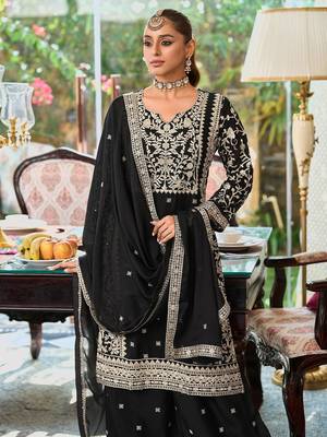 Floral Embroidered Round Neck Mirror Work Straight Kurta With Palazzos & Dupatta 1