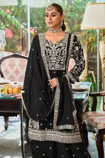 Floral Embroidered Round Neck Mirror Work Straight Kurta With Palazzos & Dupatta