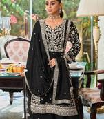 Floral Embroidered Round Neck Mirror Work Straight Kurta With Palazzos & Dupatta