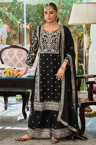 Floral Embroidered Round Neck Mirror Work Straight Kurta With Palazzos & Dupatta