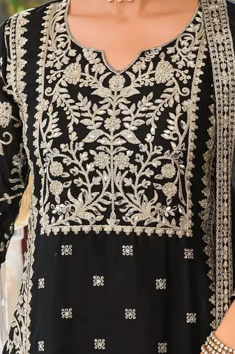 Floral Embroidered Round Neck Mirror Work Straight Kurta With Palazzos & Dupatta