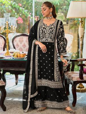Floral Embroidered Round Neck Mirror Work Straight Kurta With Palazzos & Dupatta 4