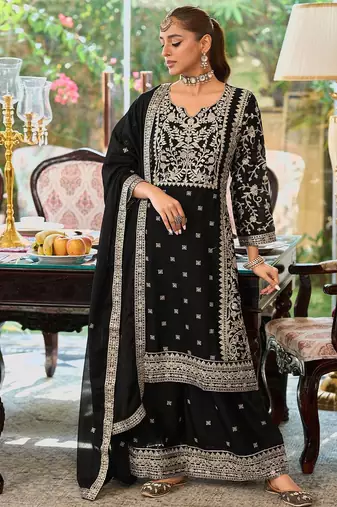 Floral Embroidered Round Neck Mirror Work Straight Kurta With Palazzos & Dupatta