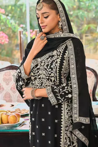Floral Embroidered Round Neck Mirror Work Straight Kurta With Palazzos & Dupatta