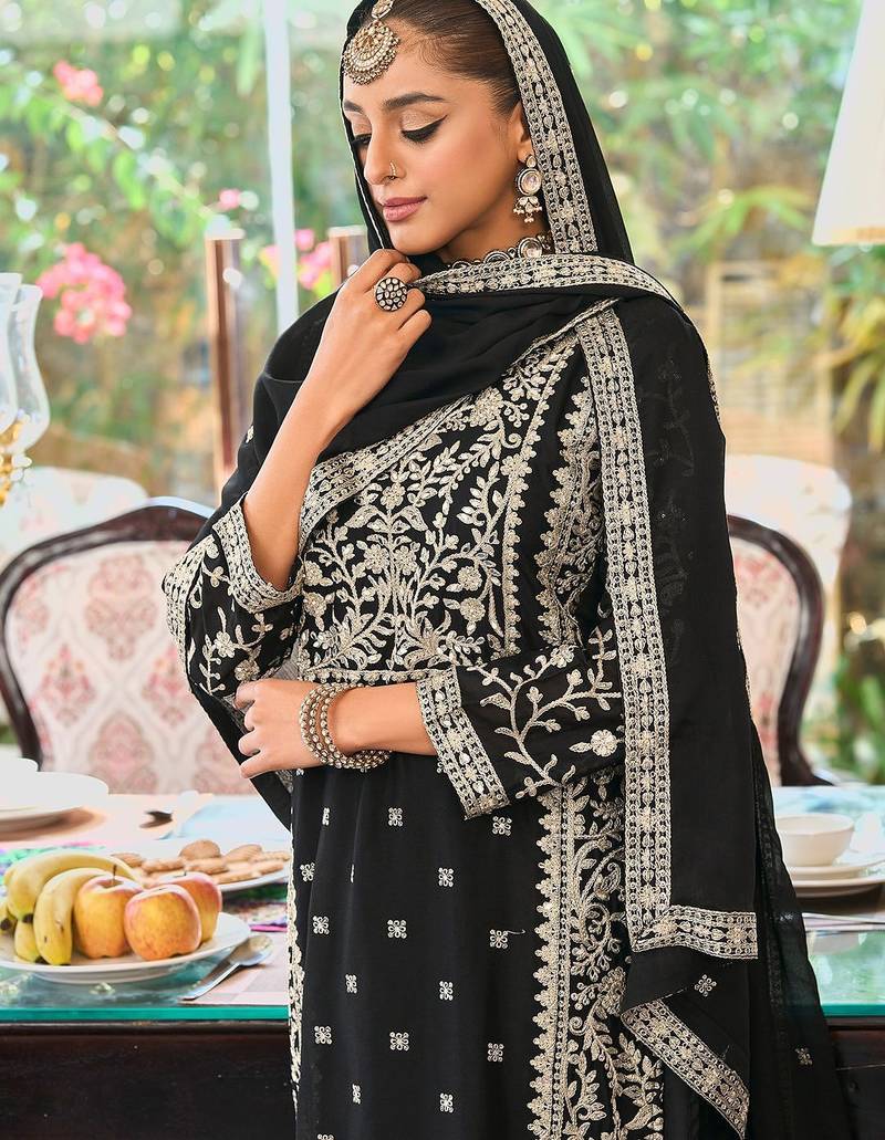 Floral Embroidered Round Neck Mirror Work Straight Kurta With Palazzos & Dupatta