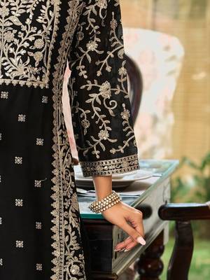 Floral Embroidered Round Neck Mirror Work Straight Kurta With Palazzos & Dupatta 6