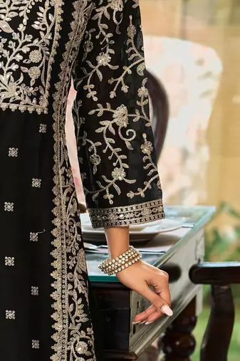 Floral Embroidered Round Neck Mirror Work Straight Kurta With Palazzos & Dupatta