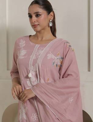 Women Floral Embroidered Pure Cotton Kurta with Trousers & With Dupatta 1