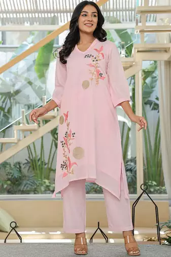 Women Floral Embroidered Regular Thread Work Pure Cotton Kurta with Trousers
