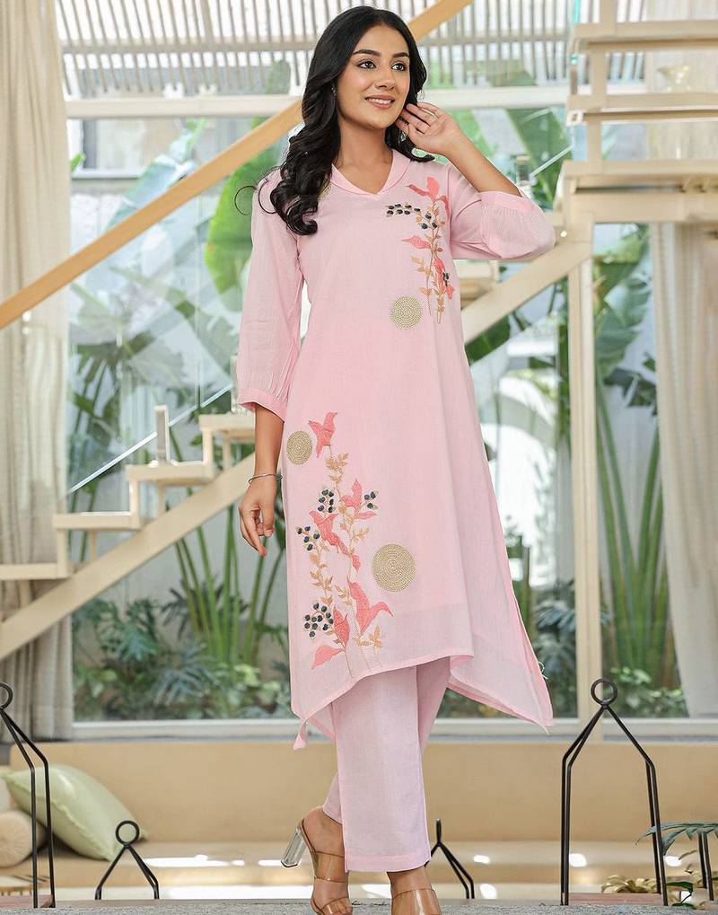 Women Floral Embroidered Regular Thread Work Pure Cotton Kurta with Trousers