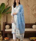 Women Floral Printed Regular Sequinned Pure Cotton Kurta with Trousers & With Dupatta