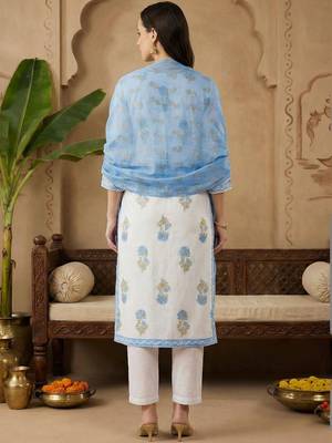 Women Floral Printed Regular Sequinned Pure Cotton Kurta with Trousers & With Dupatta 3