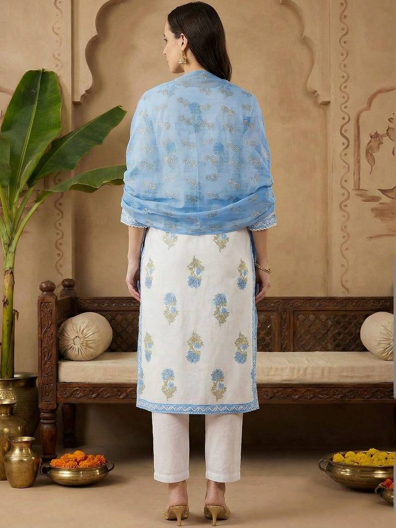 Women Floral Printed Regular Sequinned Pure Cotton Kurta with Trousers & With Dupatta