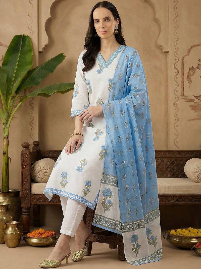 Women Floral Printed Regular Sequinned Pure Cotton Kurta with Trousers & With Dupatta