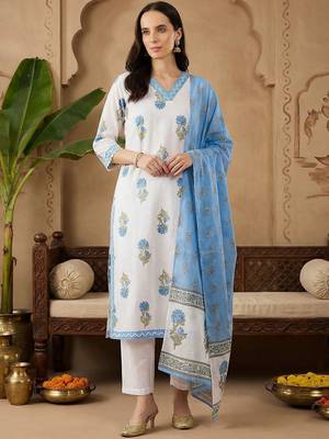 Women Floral Printed Regular Sequinned Pure Cotton Kurta with Trousers & With Dupatta 5