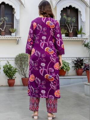 Women Floral Printed Regular  Cotton Kurta with Trousers & With Dupatta 4