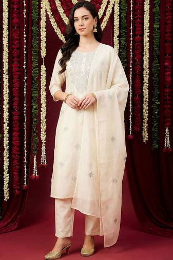 Women Ethnic Motifs Embroidered Regular Thread Work  Cotton Kurta with Trousers & With Dupatta