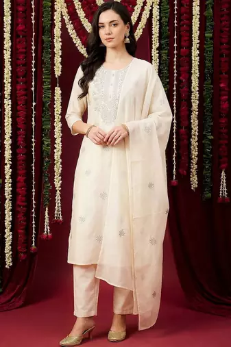 Women Ethnic Motifs Embroidered Regular Thread Work Pure Cotton Kurta with Trousers & With Dupatta