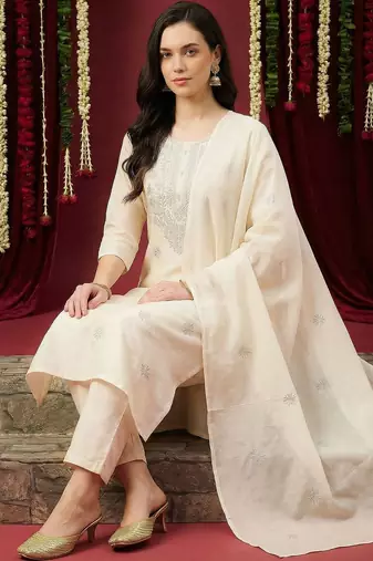 Women Ethnic Motifs Embroidered Regular Thread Work Pure Cotton Kurta with Trousers & With Dupatta