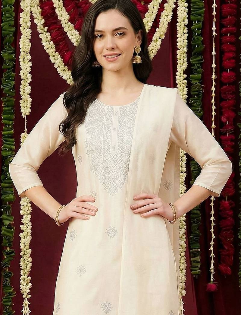 Women Ethnic Motifs Embroidered Regular Thread Work Pure Cotton Kurta with Trousers & With Dupatta