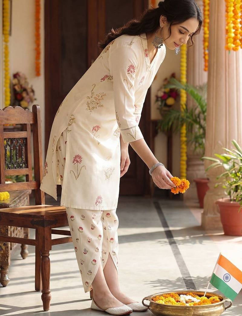Women Floral Printed Regular Thread Work Kurta with Dhoti Pants