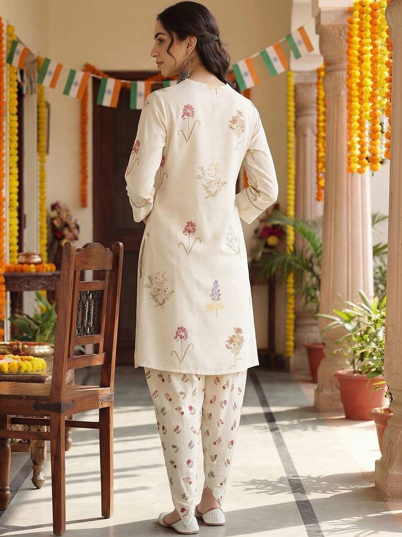 Women Floral Printed Regular Thread Work Kurta with Dhoti Pants