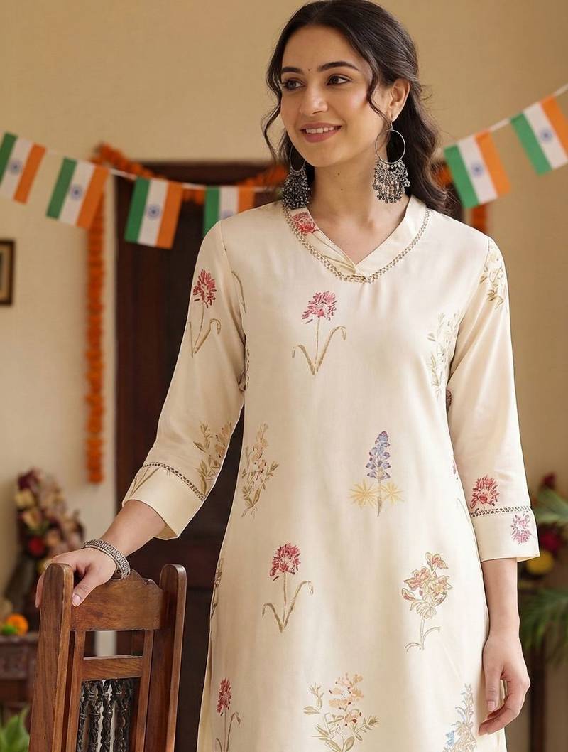 Women Floral Printed Regular Thread Work Kurta with Dhoti Pants