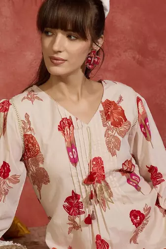 Women Floral Printed Pure Cotton A-Line Kurta with Trousers