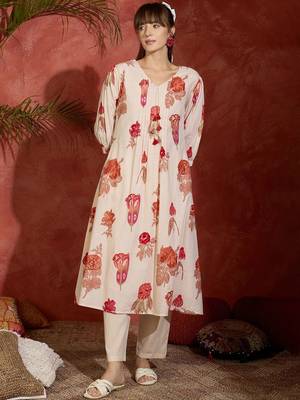 Women Floral Printed Pure Cotton A-Line Kurta with Trousers 1