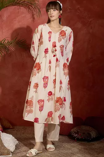 Women Floral Printed Pure Cotton A-Line Kurta with Trousers